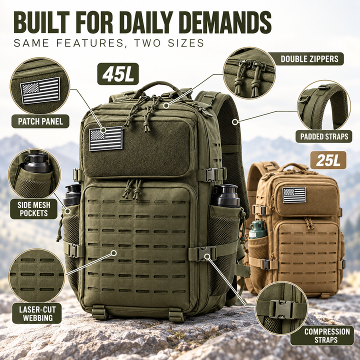 Hiking rucksack bottom panel with waterproof coating and tie-down loops