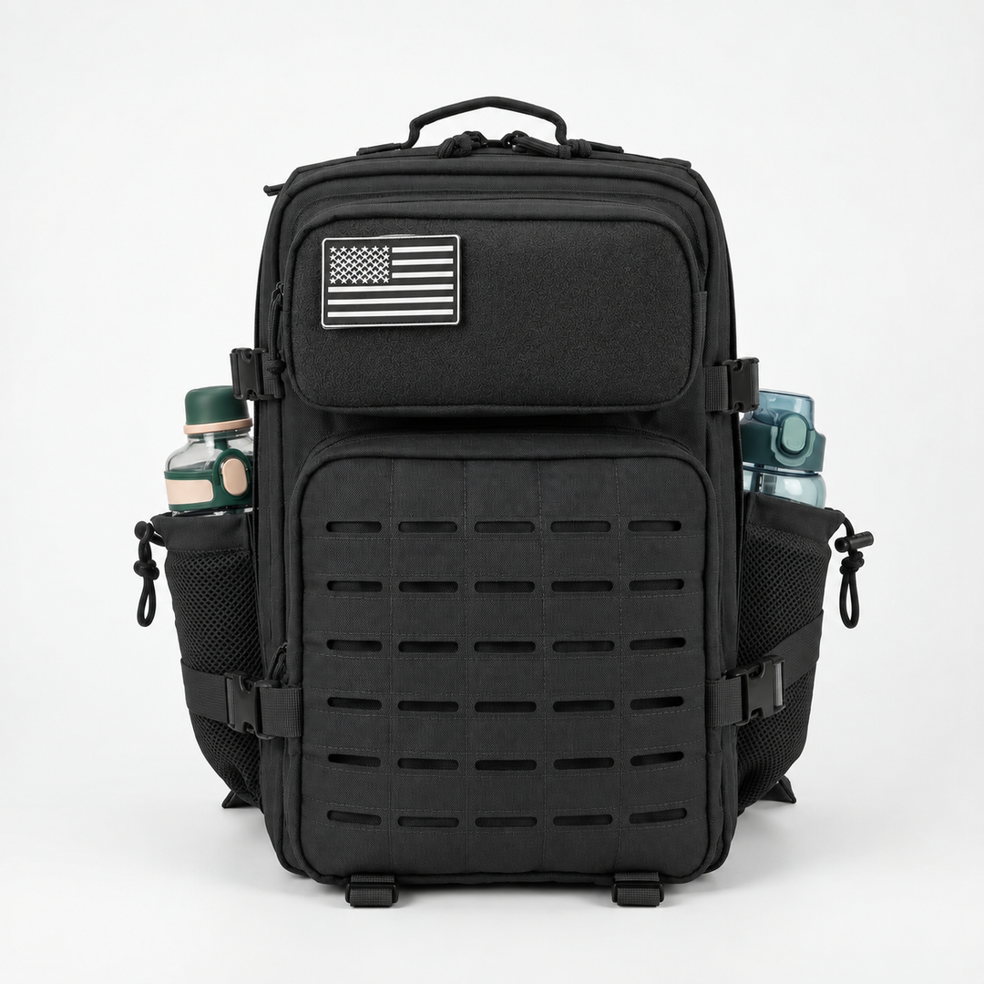 Unisex tactical molle gym rucksack showing front utility pockets and sturdy zippers