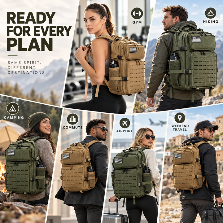 Durable hiking rucksack hardware close-up showing heavy-duty plastic buckles