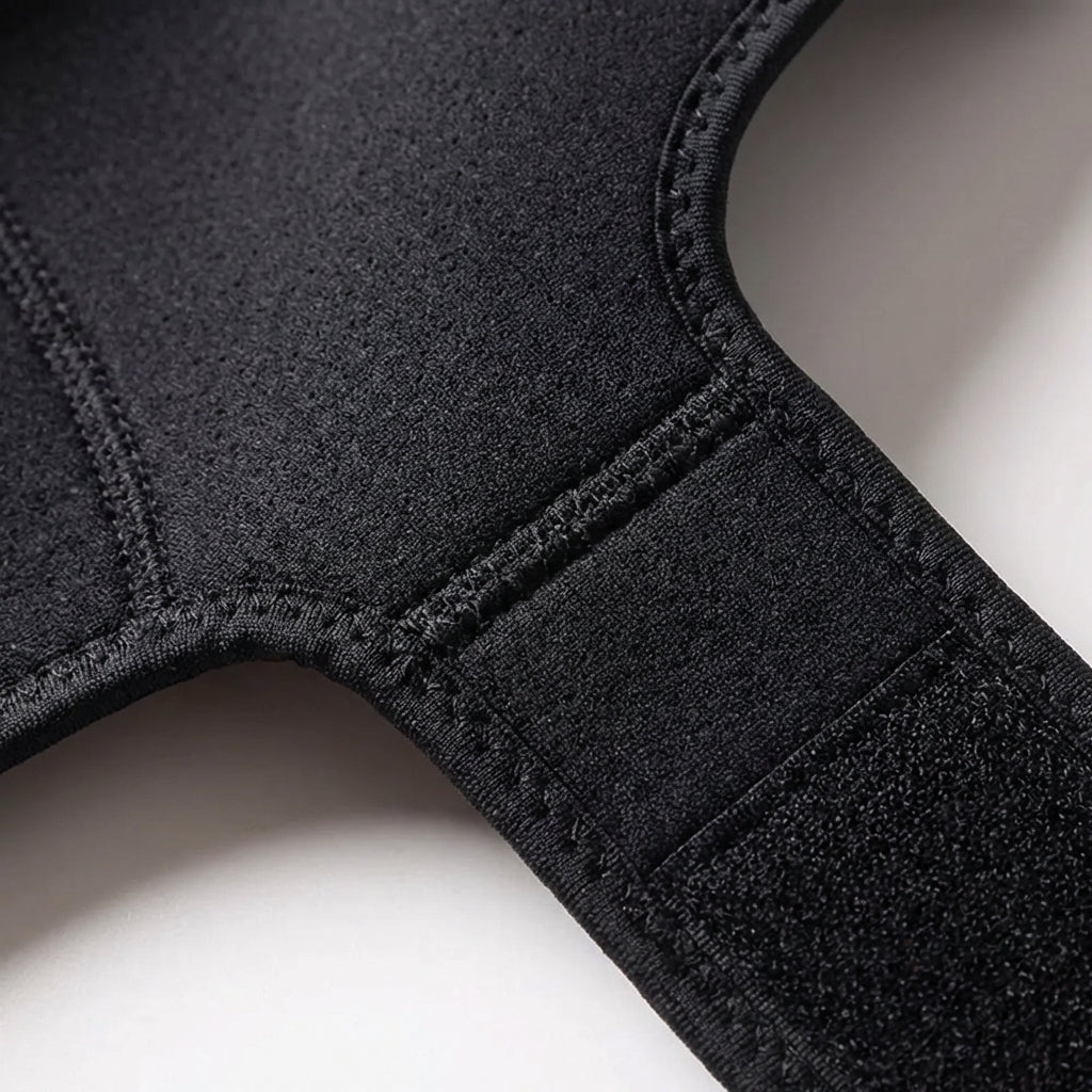 Detailed view of adjustable tension straps on a black shoulder support