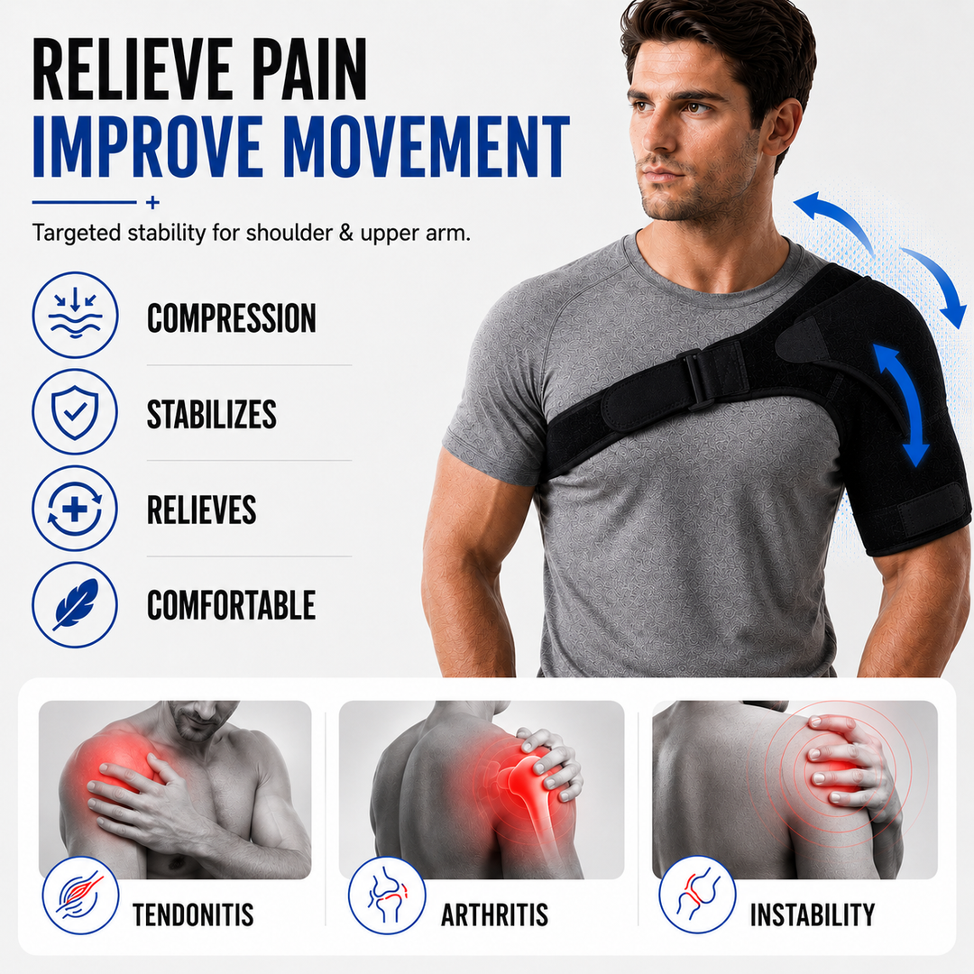 Infographic showing shoulder brace benefits for tendonitis, arthritis, and instability