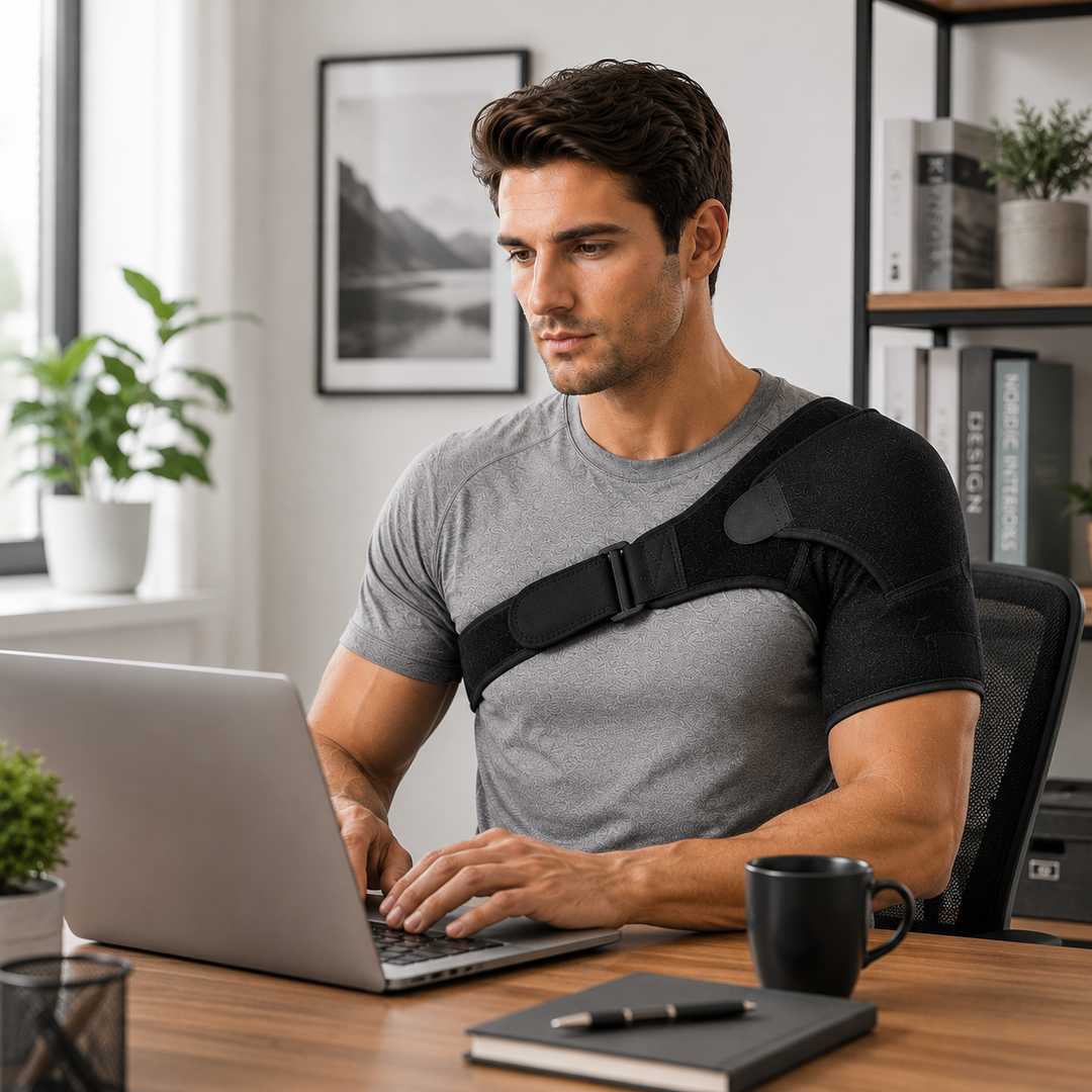 Complete packaging and adjustable shoulder brace for pain relief set