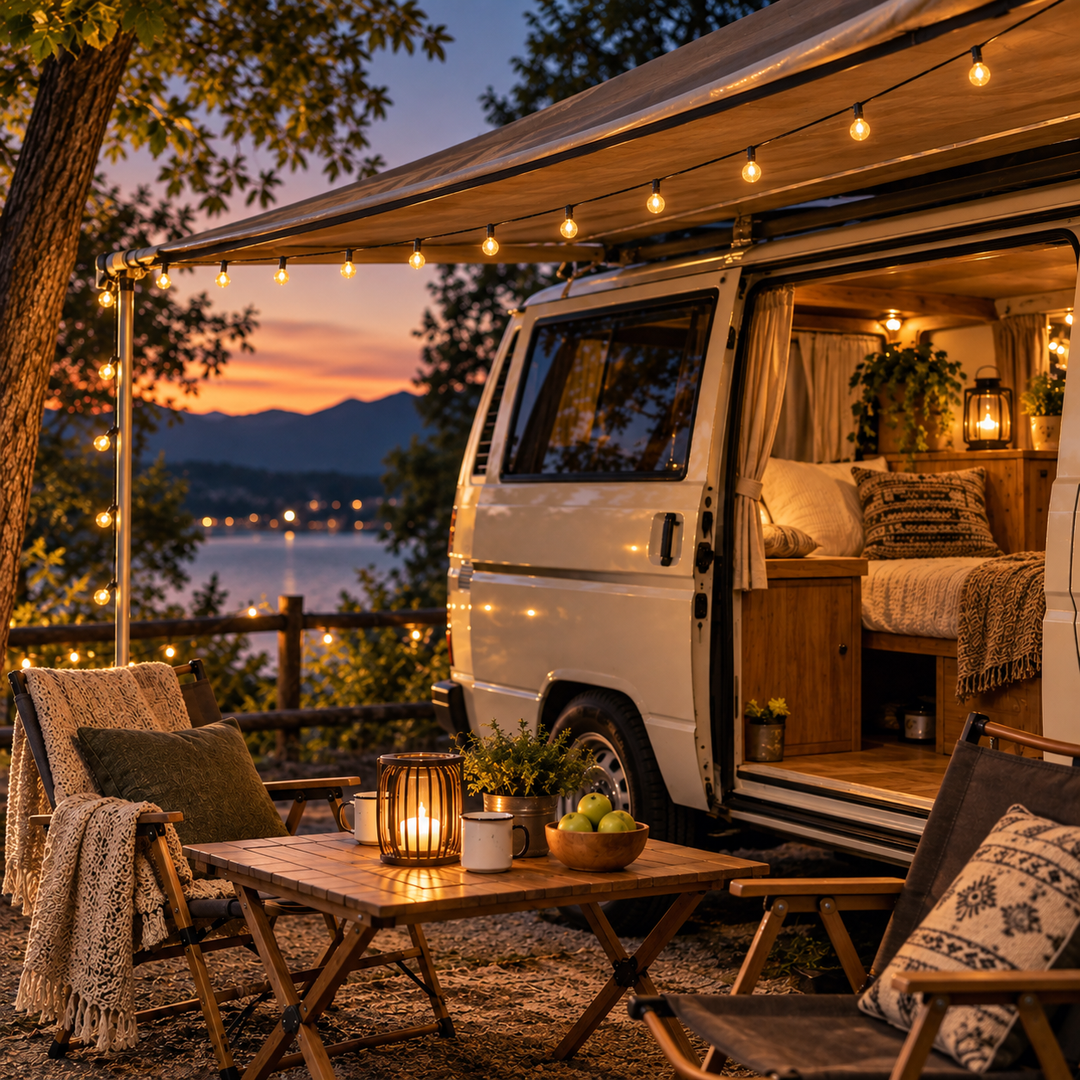 SolarGlow crystal string lights illuminating a camper van awning at dusk