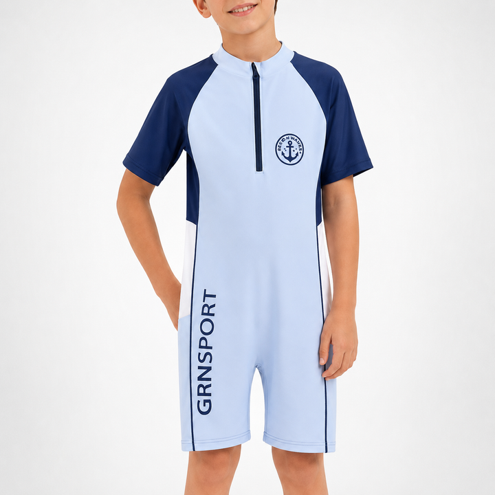 Child playing outdoors in comfortable kids pool wear