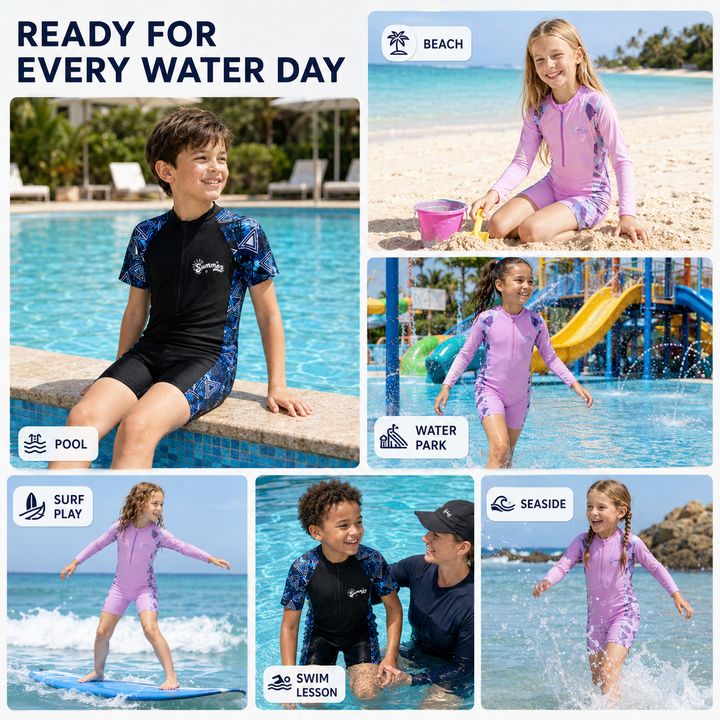 Close-up of fabric and stitching on kids active swimwear