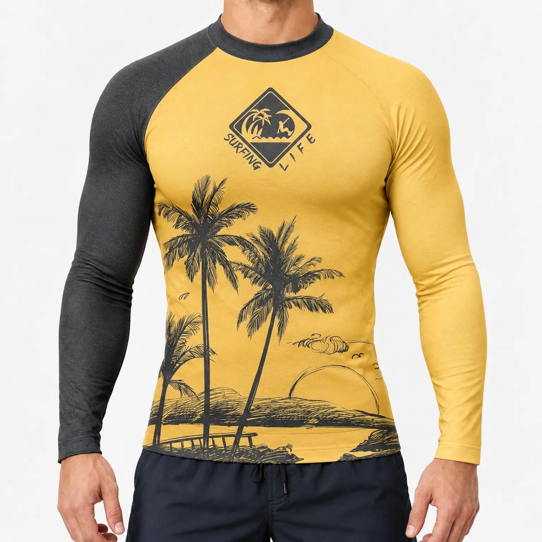 Mens surf shirt sleeve detail showing flexible swim fabric