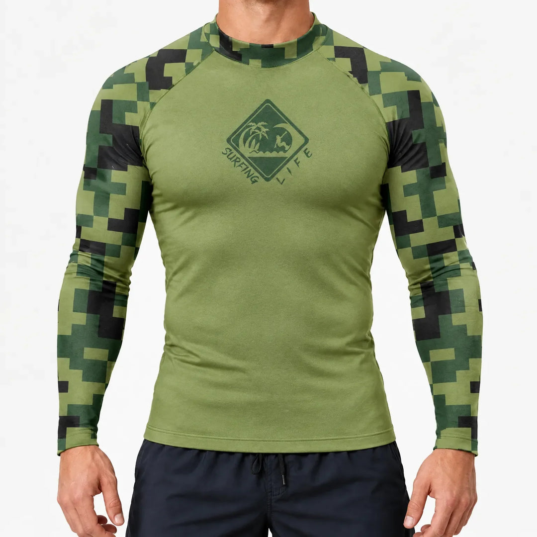 Mens performance swim shirt for surfing and paddleboarding