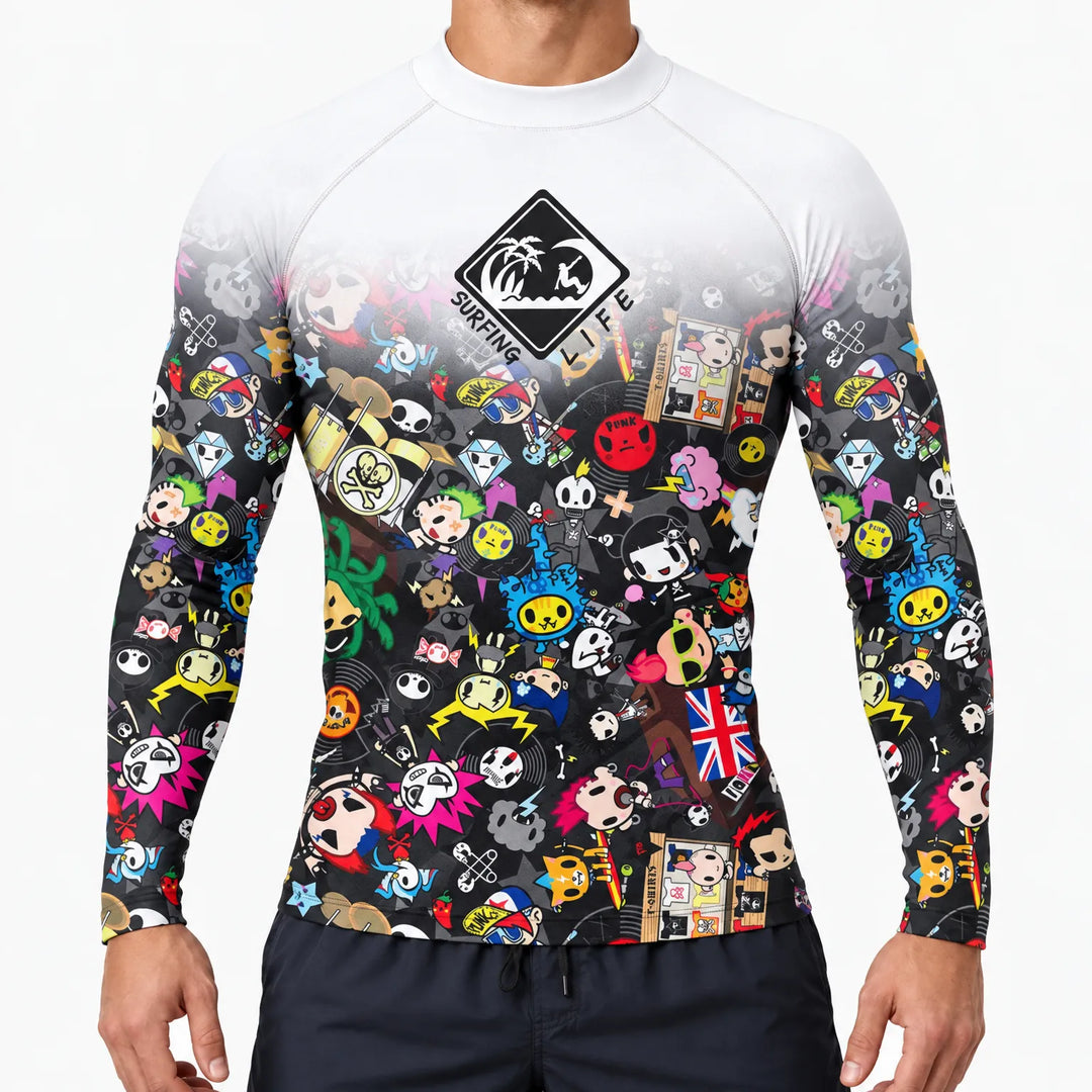 Side profile of mens long sleeve rashguard swim top
