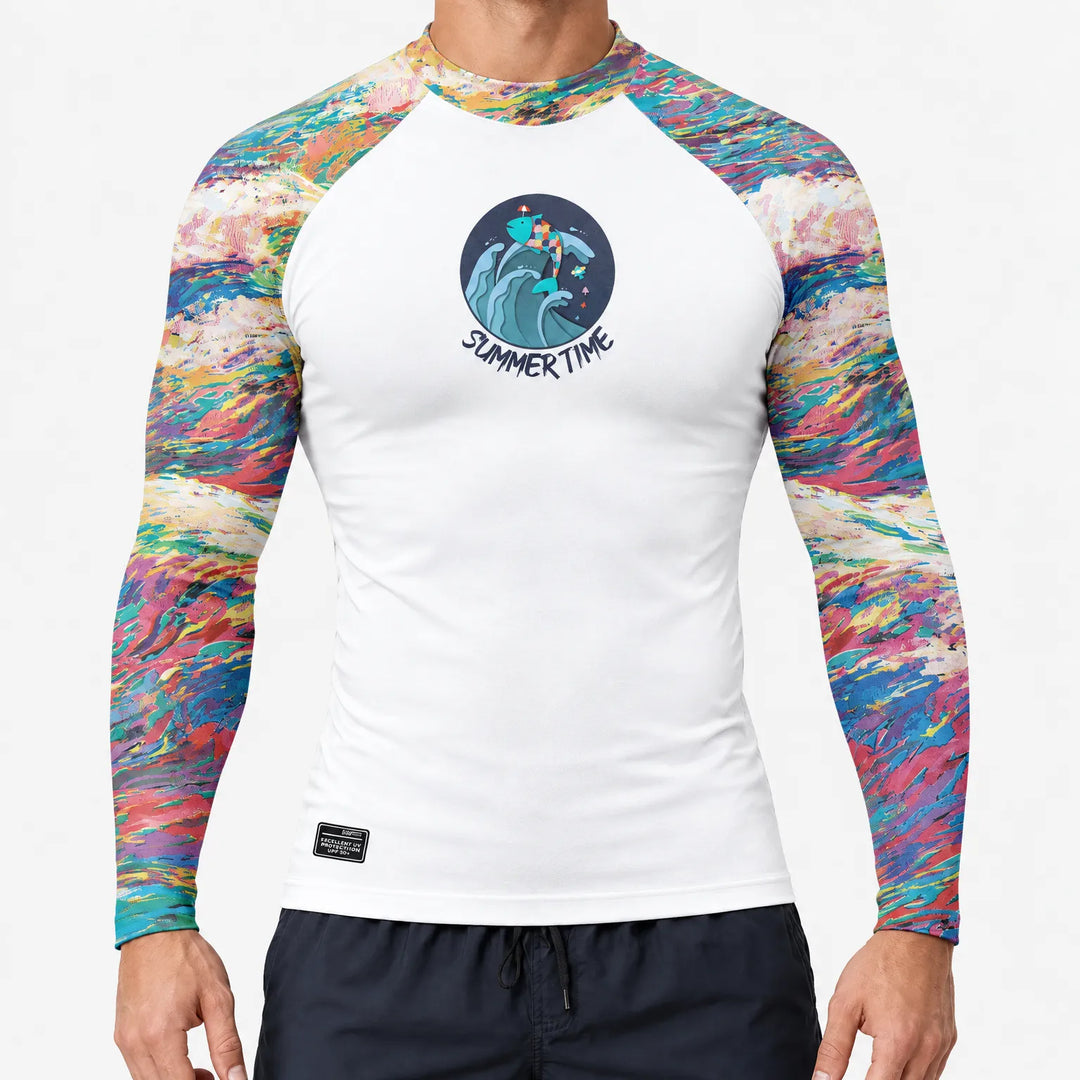 Close up of quick dry fabric on mens athletic surf shirt