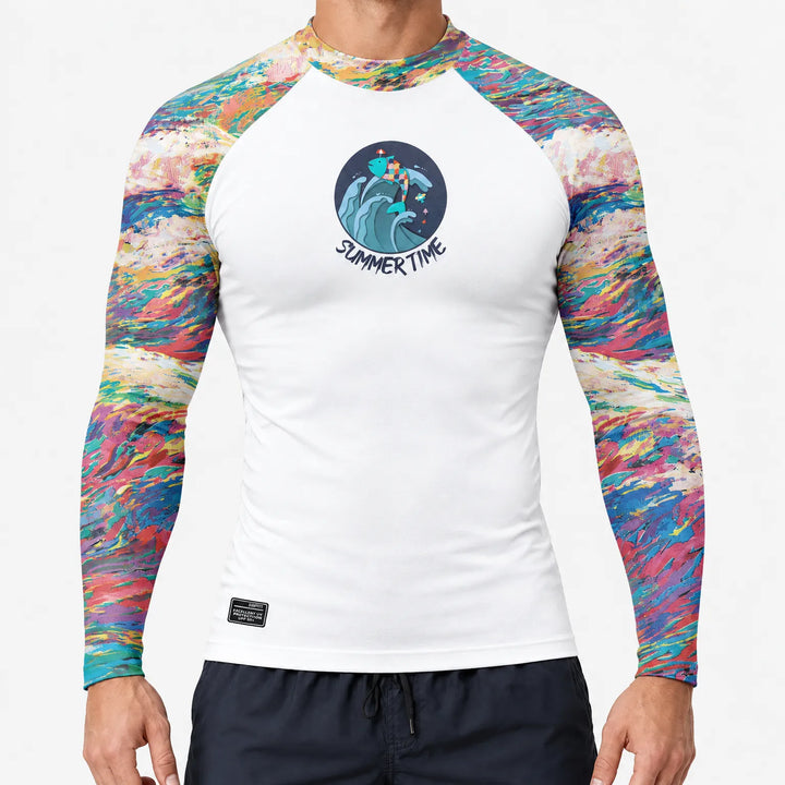 Close up of quick dry fabric on mens athletic surf shirt