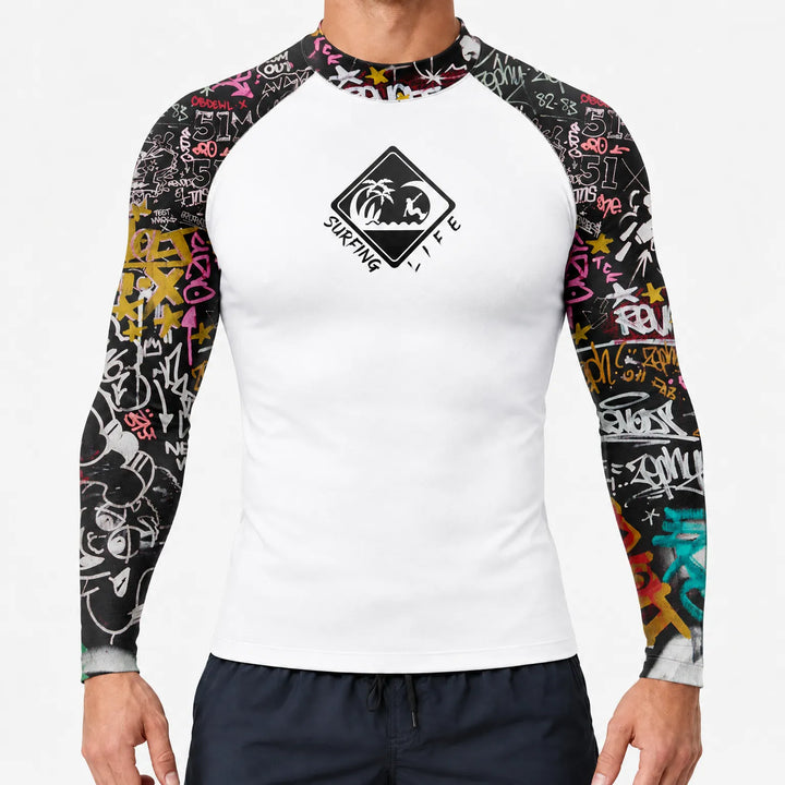 Back view of mens long sleeve swim shirt and water sports apparel
