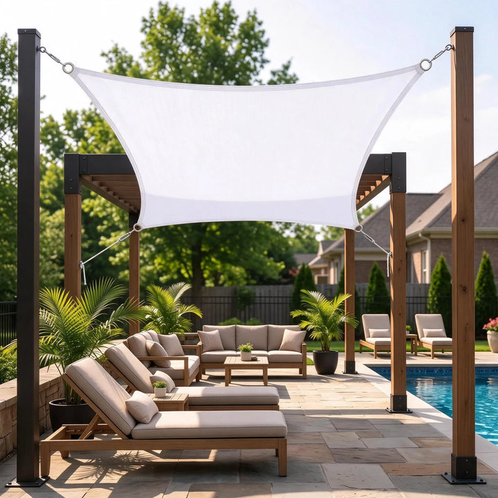 Rectangular shade sail mounted over a backyard patio seating area