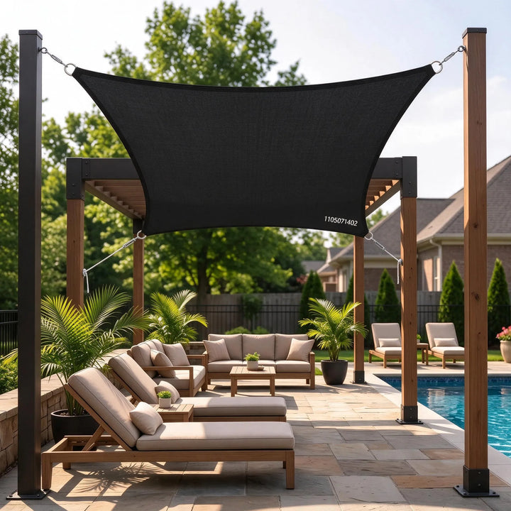 Outdoor awning setup using a rectangular patio shade sail canopy