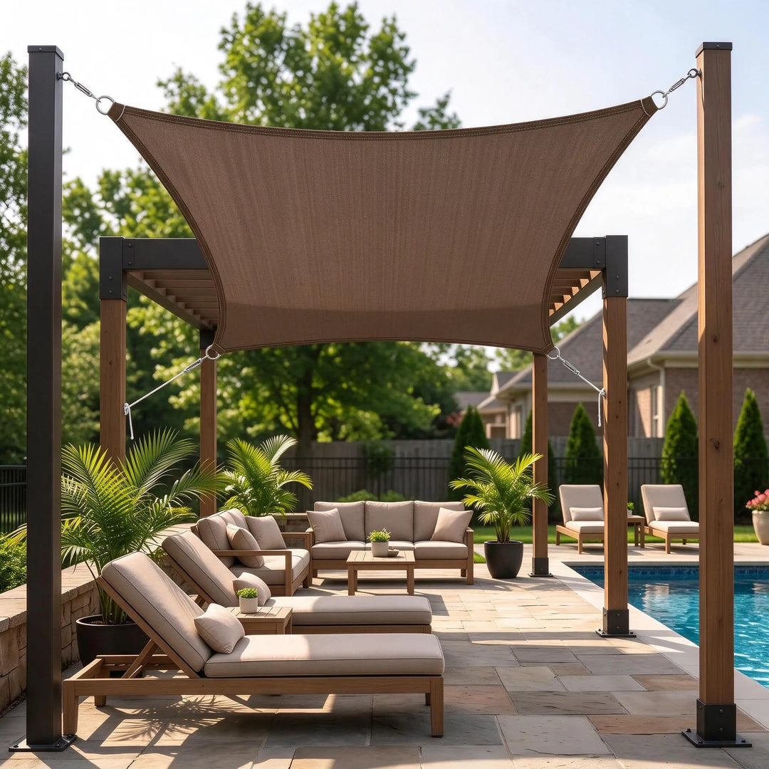 Brown rectangular shade sail canopy providing shade for patio lounge chairs