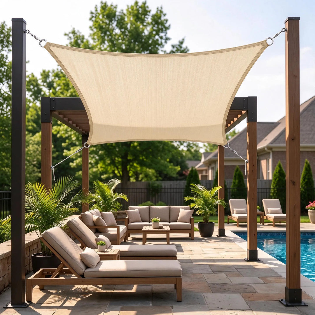 Outdoor rectangular patio shade sail canopy providing garden sun protection