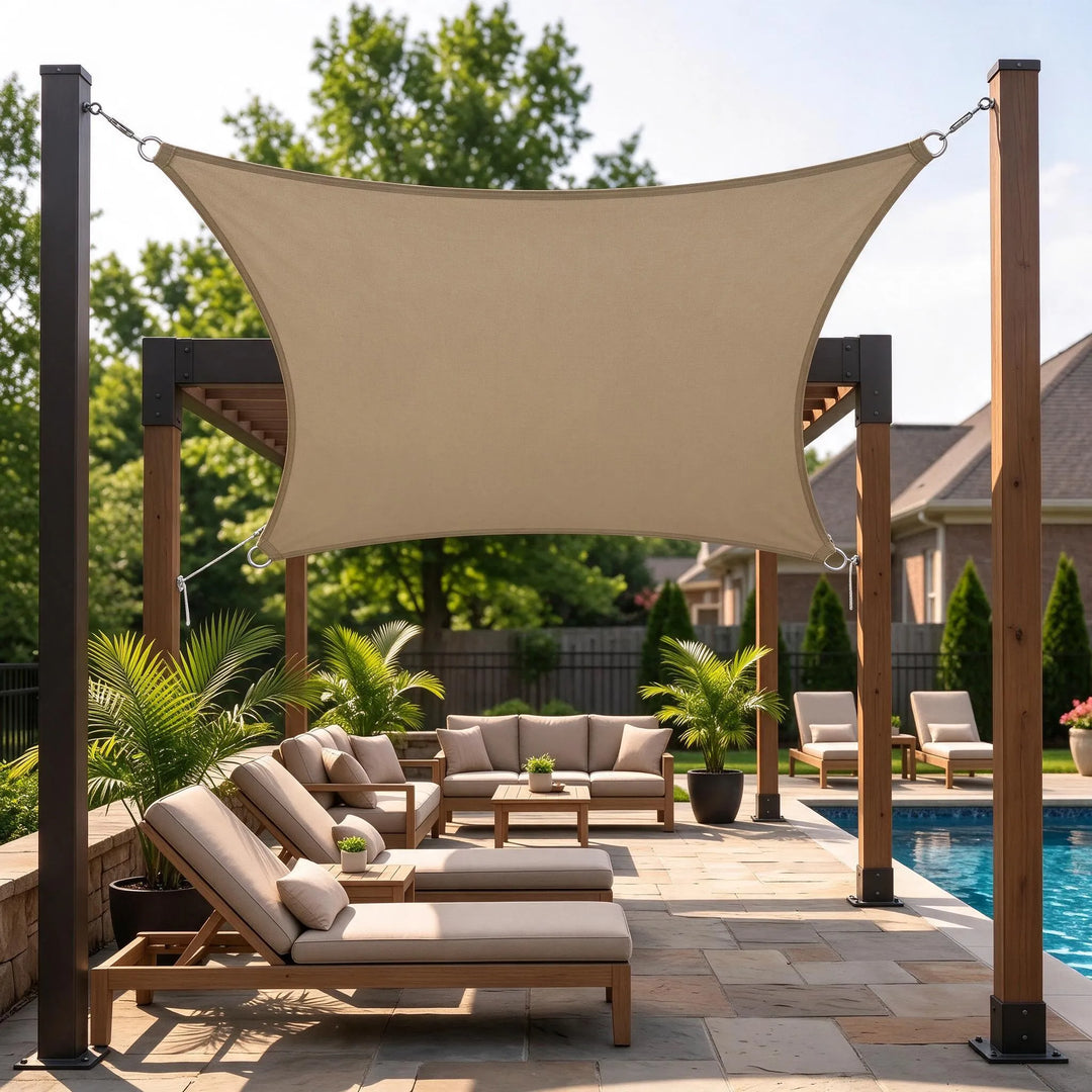 Close-up of reinforced D-ring corner on a rectangular patio shade sail