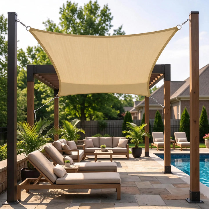 Sturdy stitching and hardware detail on the water repellent sun shade sail
