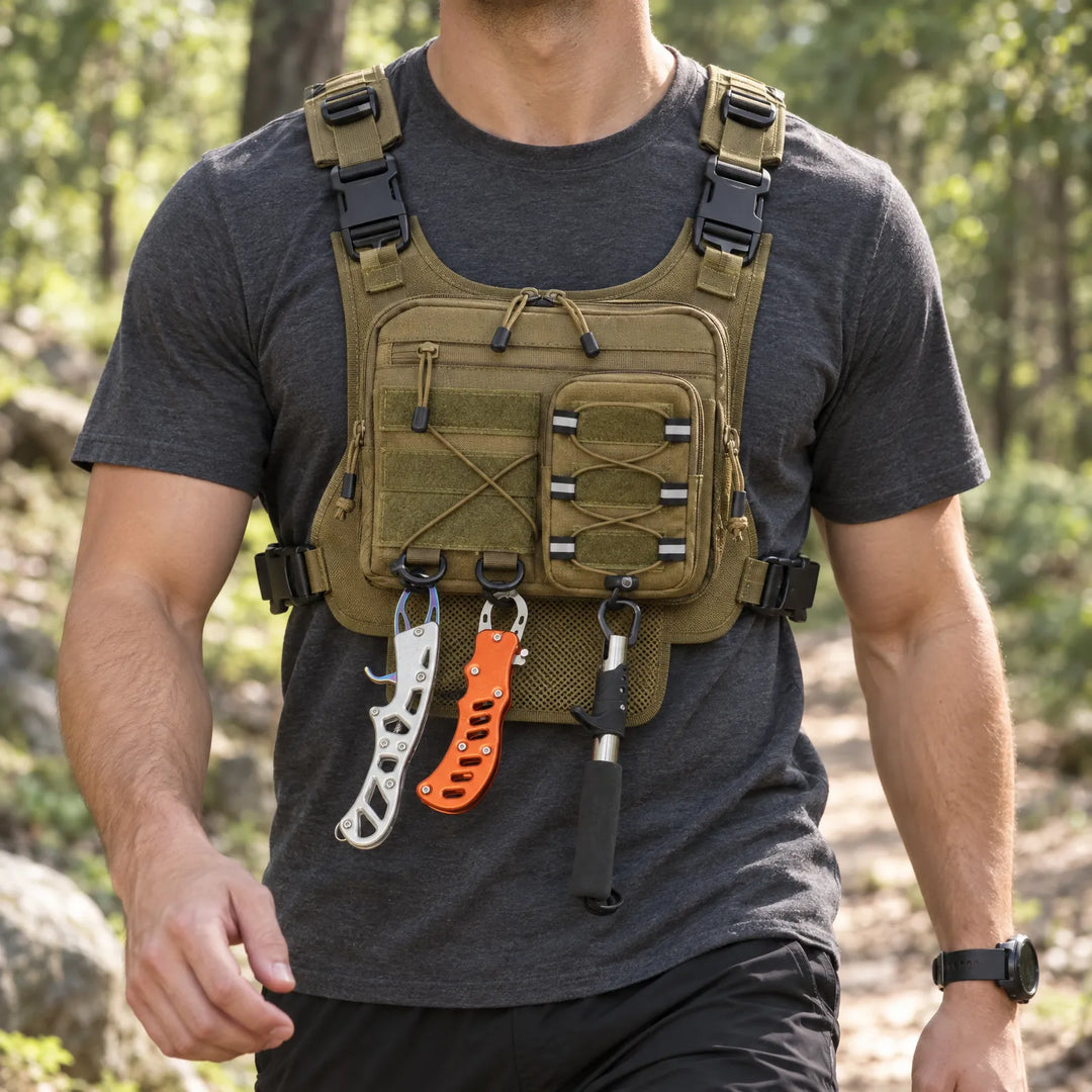 Man wearing a khaki tactical chest rig while walking outdoors on a trail