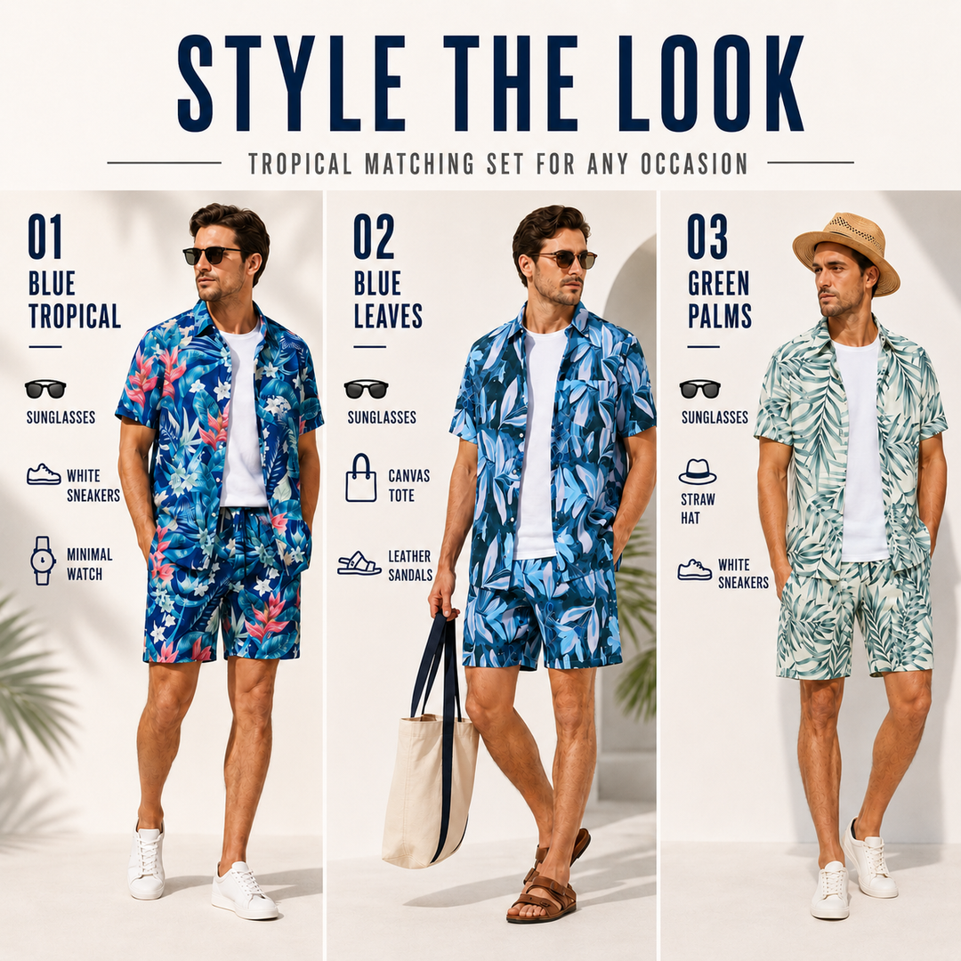 Mens beach shorts and short sleeve shirt clothing set
