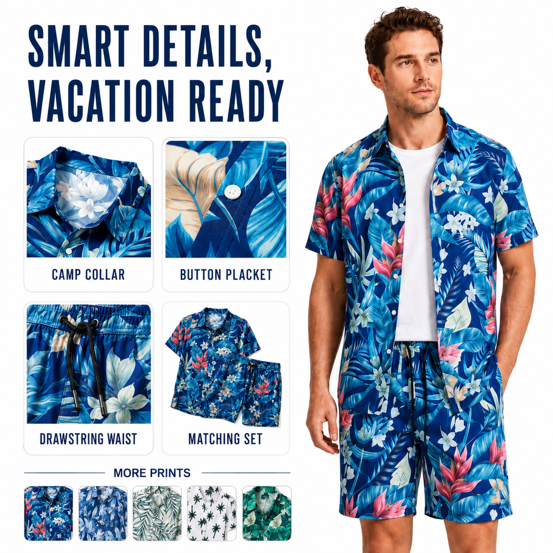 Detailed view of shirt collar, button placket, and shorts drawstring waist