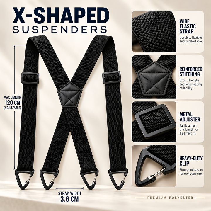 Side angle of men's fashionable braces showing strong strap elasticity