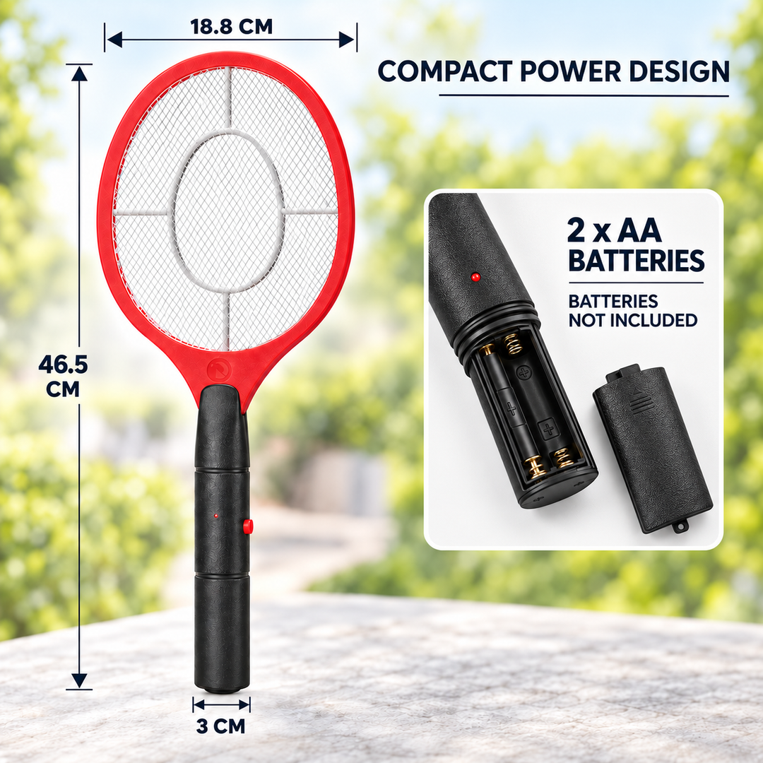 Detailed view of electric fly swatter dimensions and battery compartment