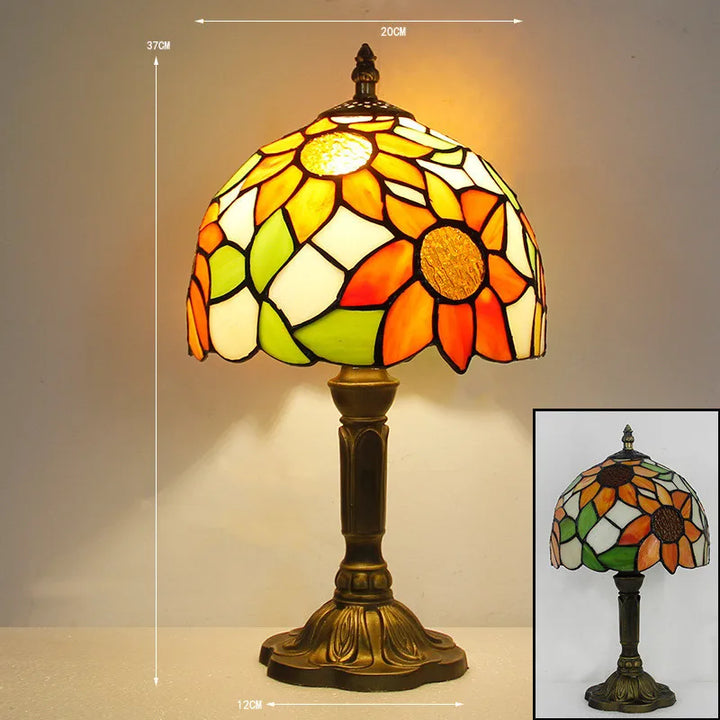 Detailed view of the colorful art nouveau tiffany lamp shade
