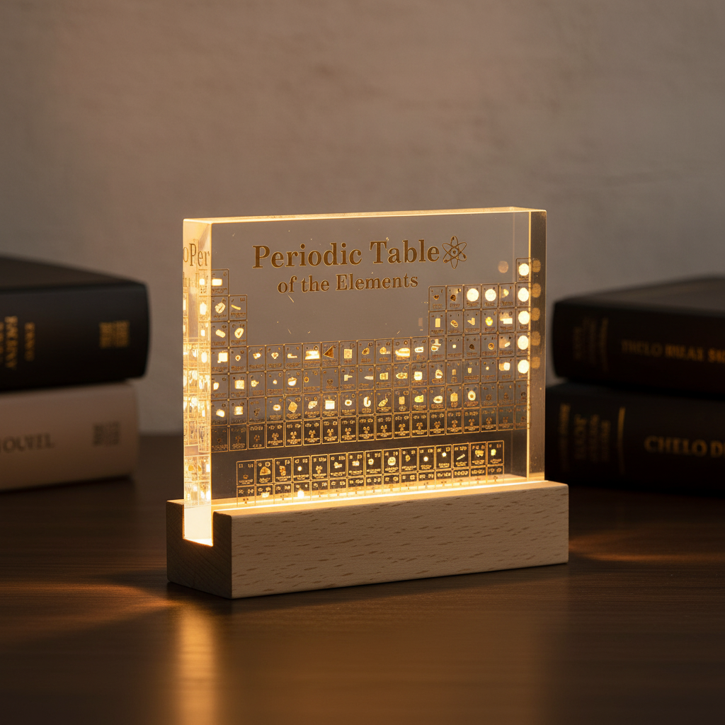 Illuminated acrylic periodic table of elements lamp standing on a wooden base next to books.