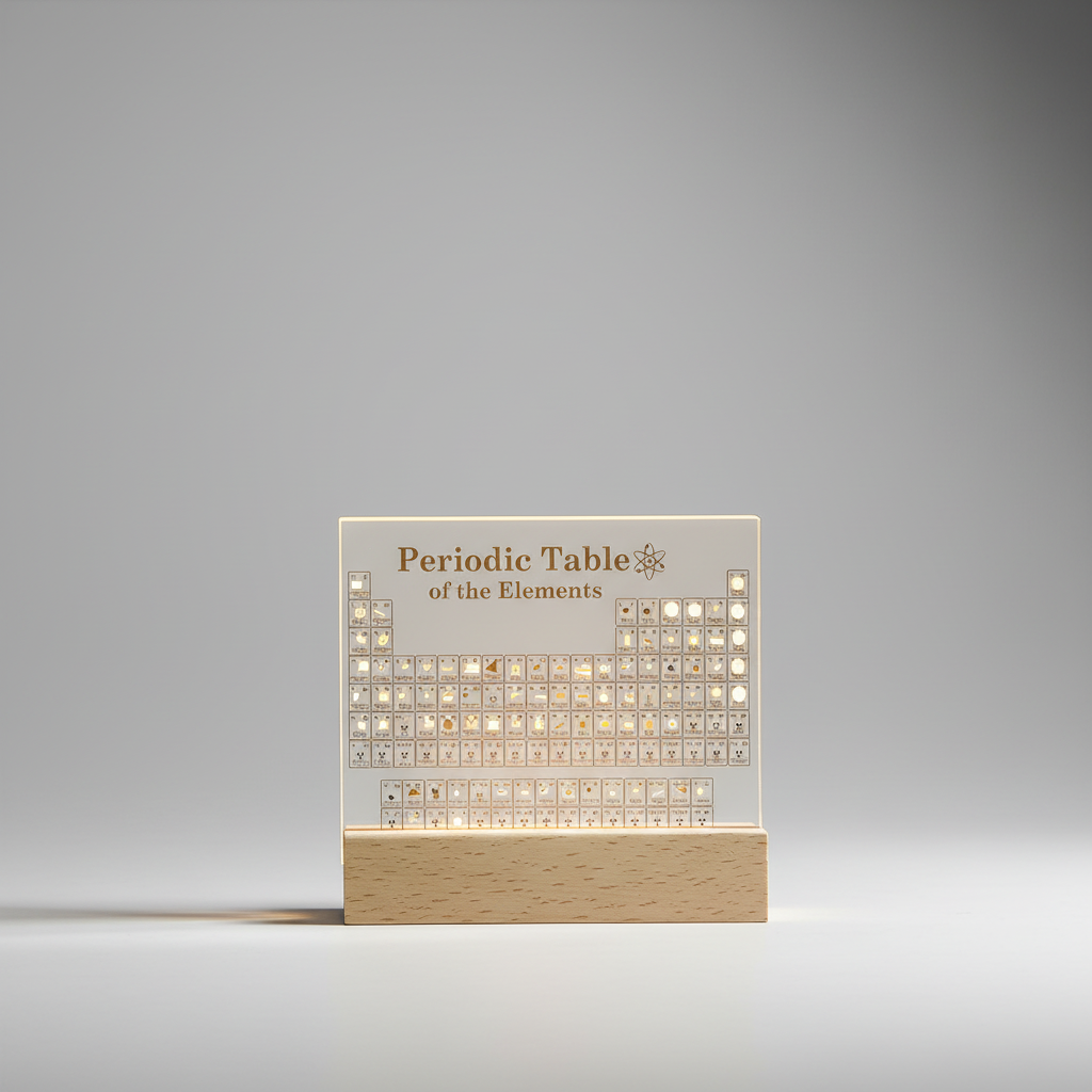 Front view of the glowing periodic table display on a clean neutral background.
