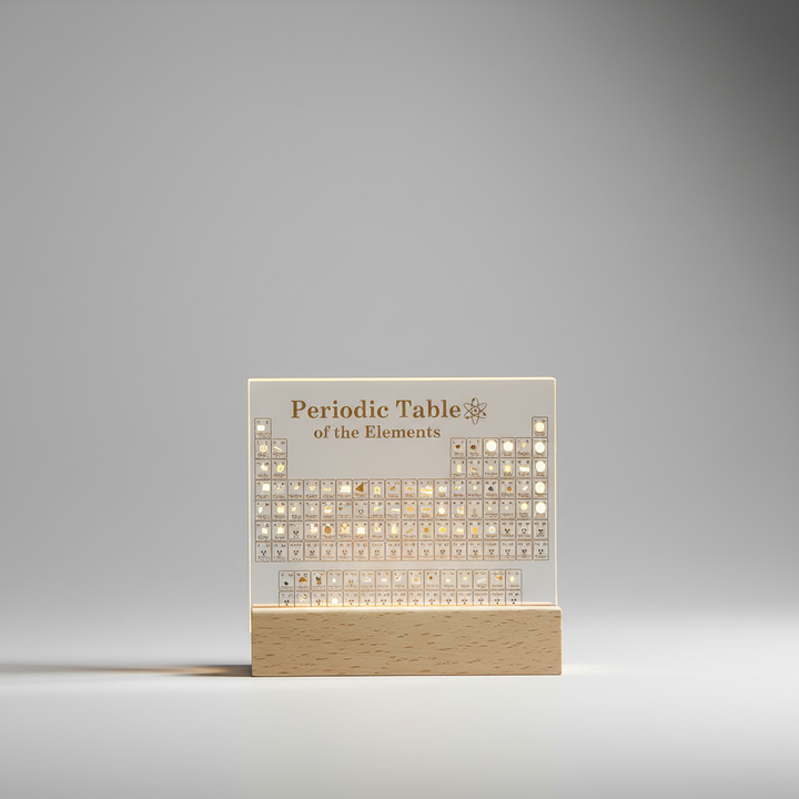 Front view of the glowing periodic table display on a clean neutral background.