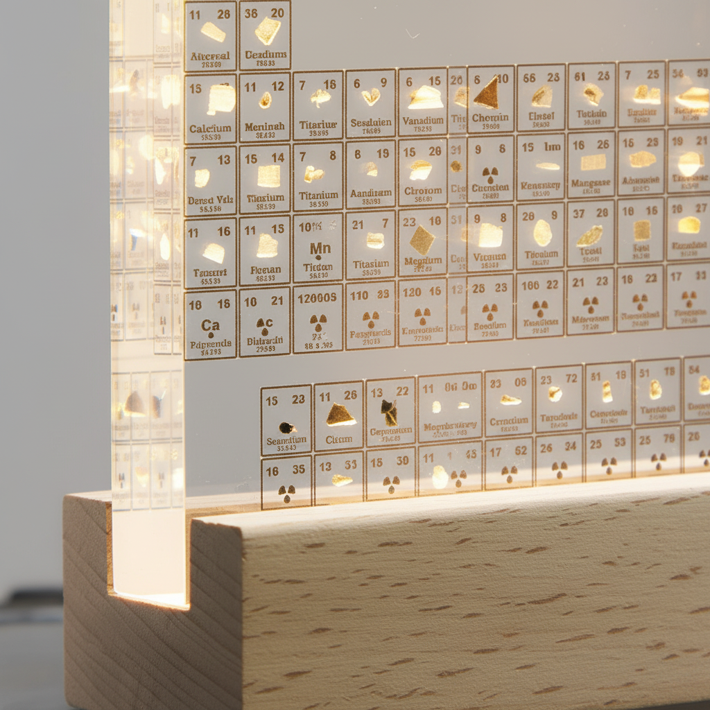 Close-up detail shot showing individual encased chemical elements lit by warm white light.