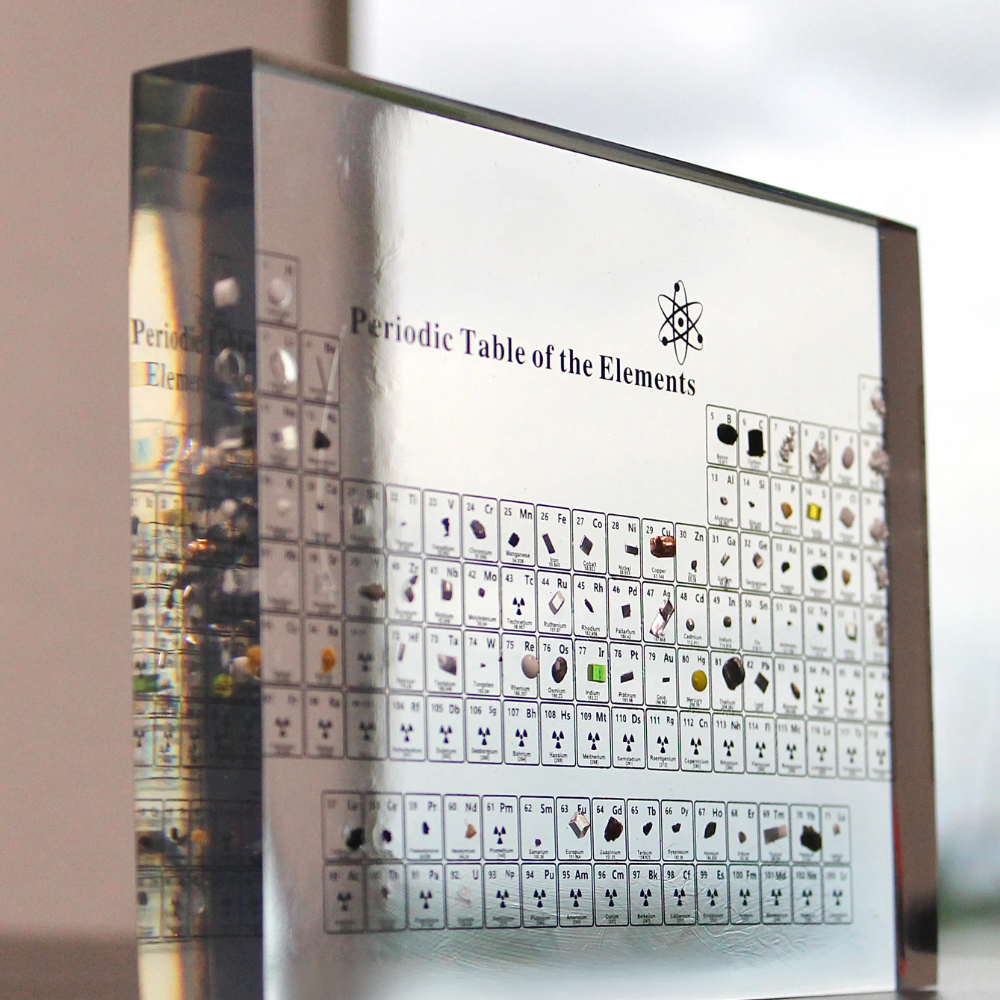 Close up of illuminated chemistry periodic table acrylic display with warm desk light