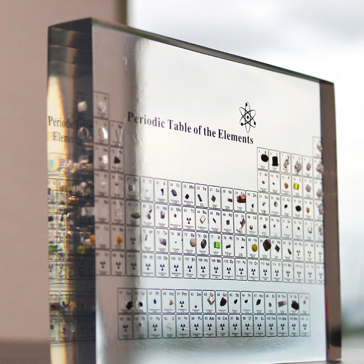 Close up of illuminated chemistry periodic table acrylic display with warm desk light