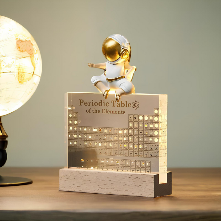 Periodic table of elements night light plugged in on a wooden desk in a home office