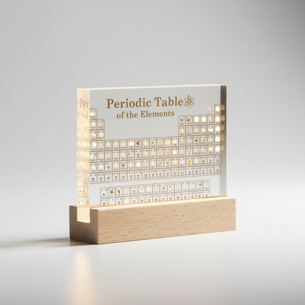 Chemistry gift idea featuring a glowing acrylic periodic table sign with wood stand
