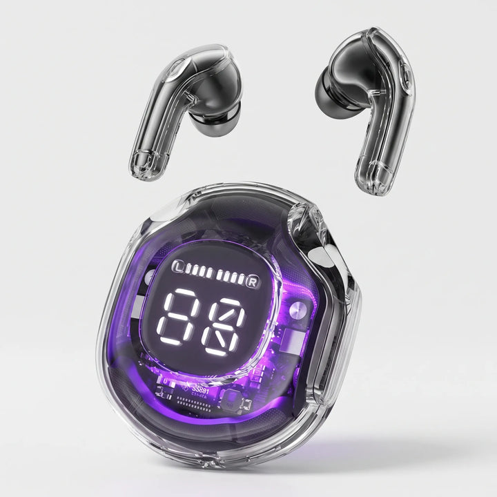 Side angle of transparent earbuds showcasing touch control surface and microphone port