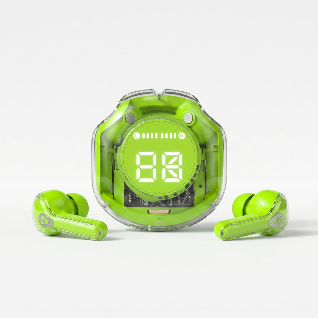 Front view of green transparent true wireless earbuds and charging case showing LED battery percentage