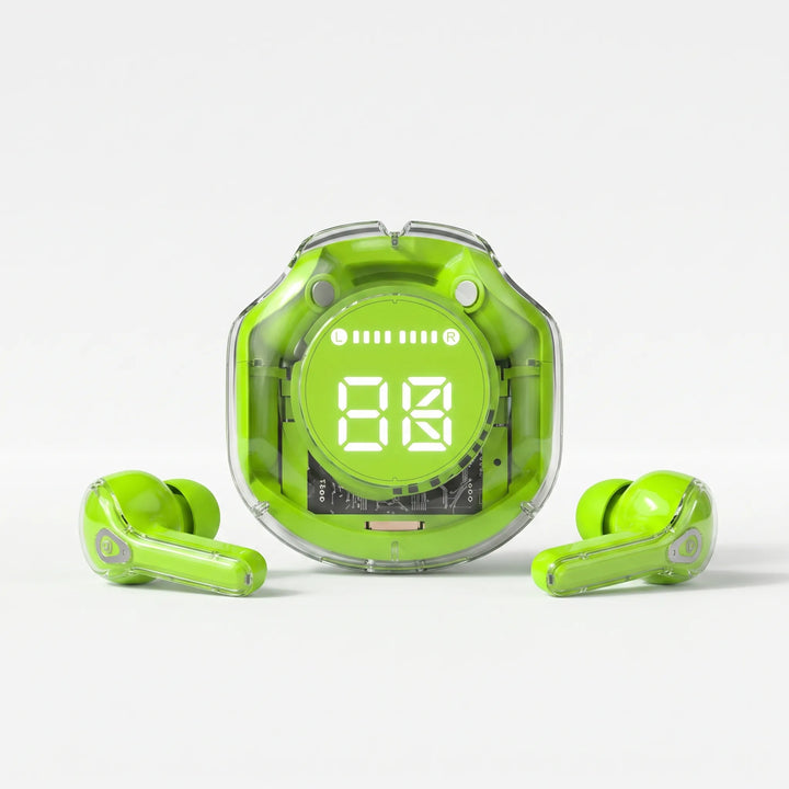 Front view of green transparent true wireless earbuds and charging case showing LED battery percentage