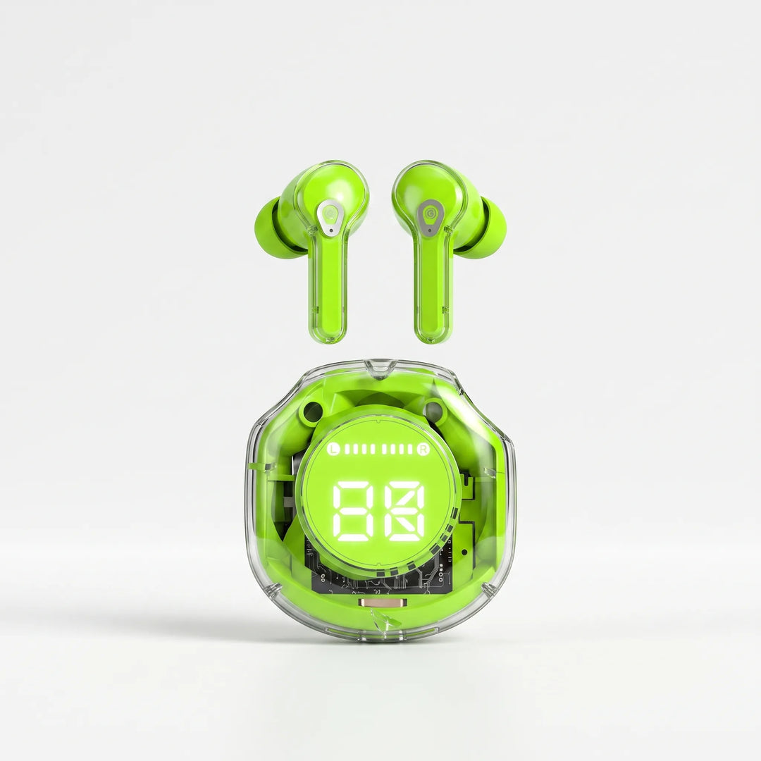 Green transparent earbuds standing upright above their transparent charging case with digital display