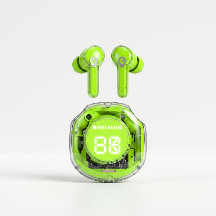 Green transparent earbuds standing upright above their transparent charging case with digital display