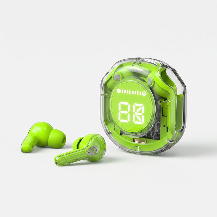 Transparent true wireless earbuds in charging case with digital LED battery display