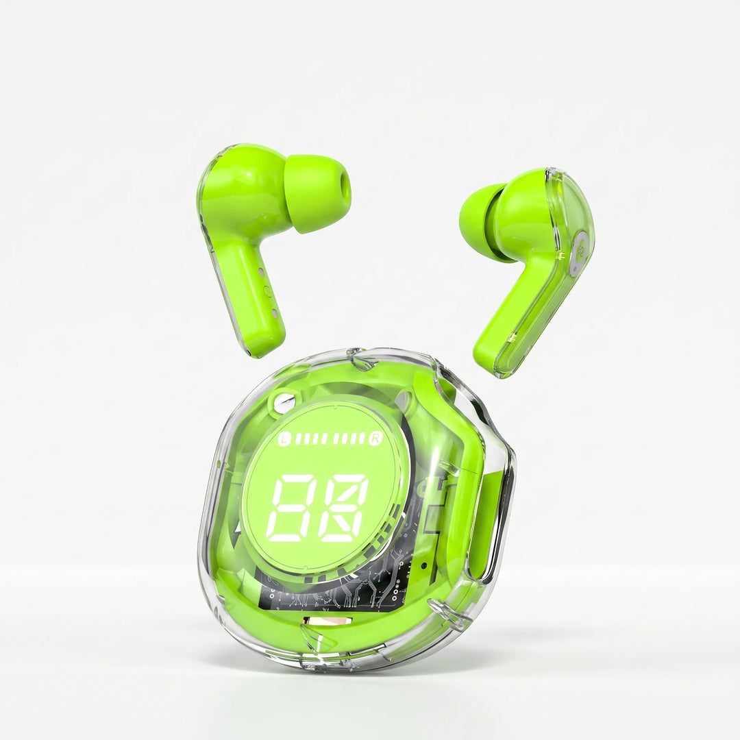 Ergonomic wireless earbuds resting next to their sleek charging case on a flat surface