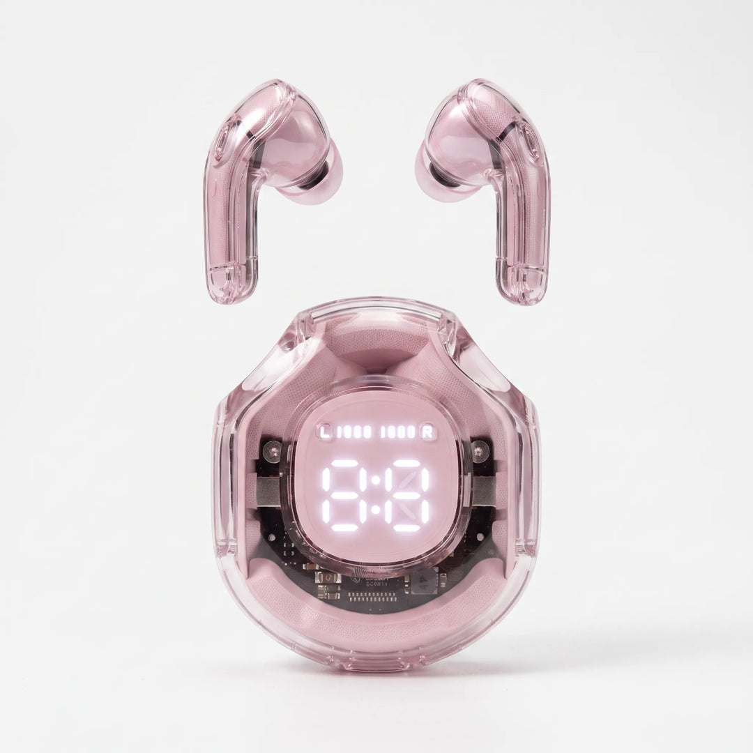 Close-up of noise cancelling transparent earbuds highlighting modern futuristic aesthetic