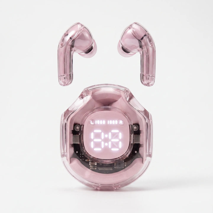 Close-up of noise cancelling transparent earbuds highlighting modern futuristic aesthetic