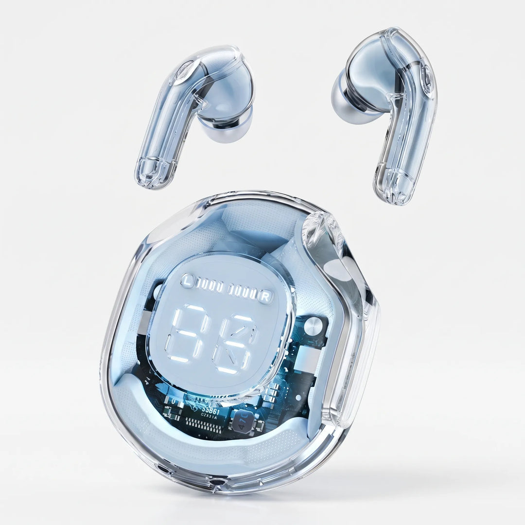 User wearing transparent true wireless earbuds for comfortable daily listening