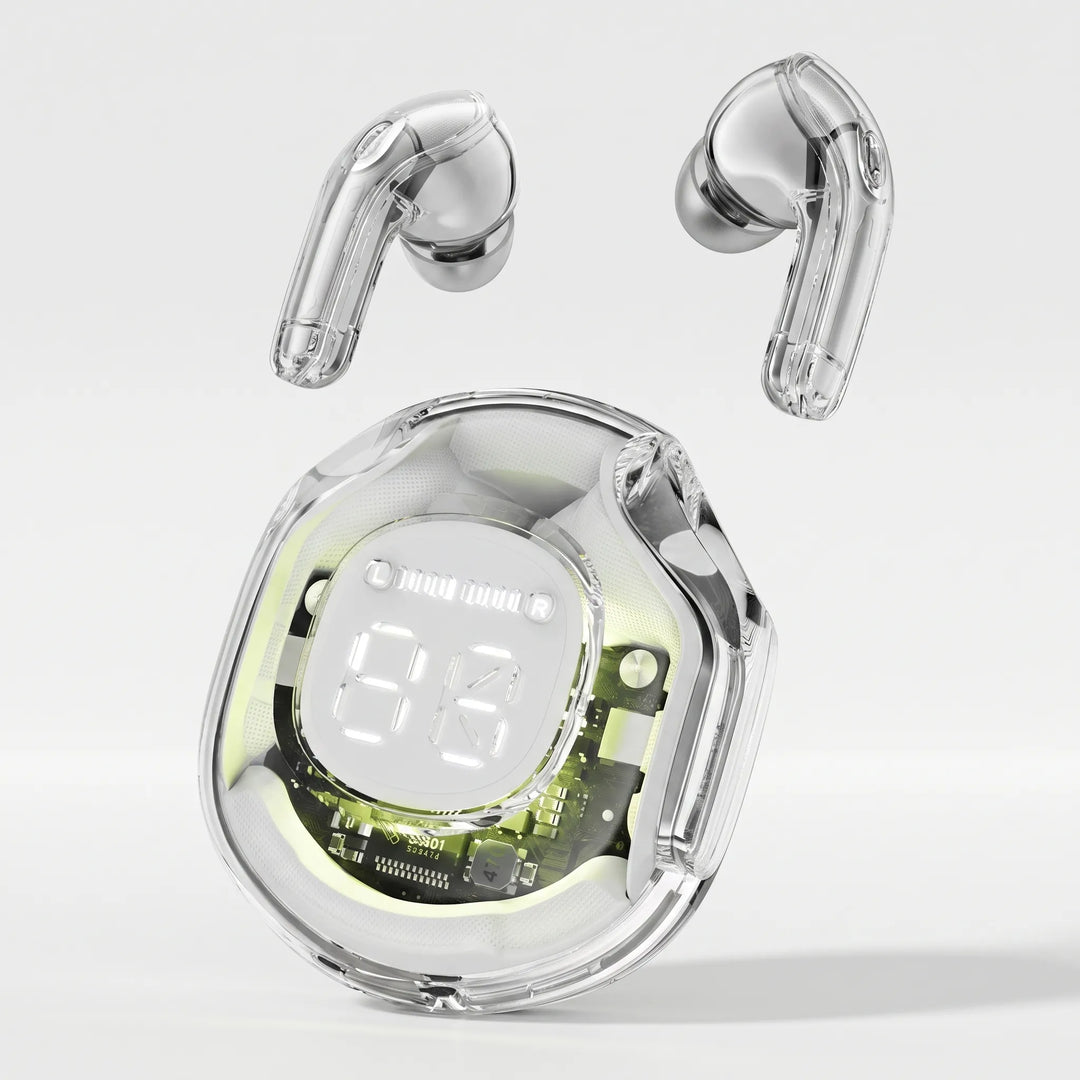 Compact charging case for bluetooth headphones featuring a bright battery percentage indicator