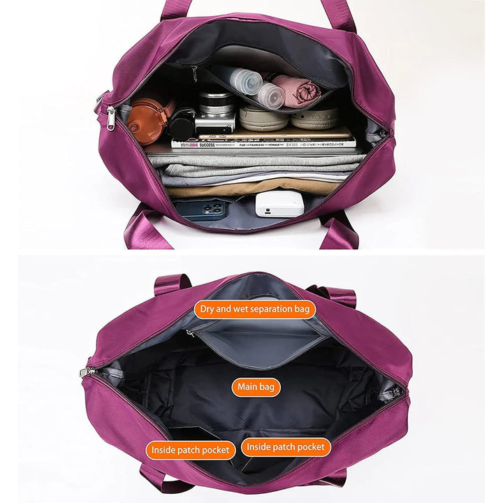 Interior view showing the large capacity and wet-dry separation compartments of the travel bag