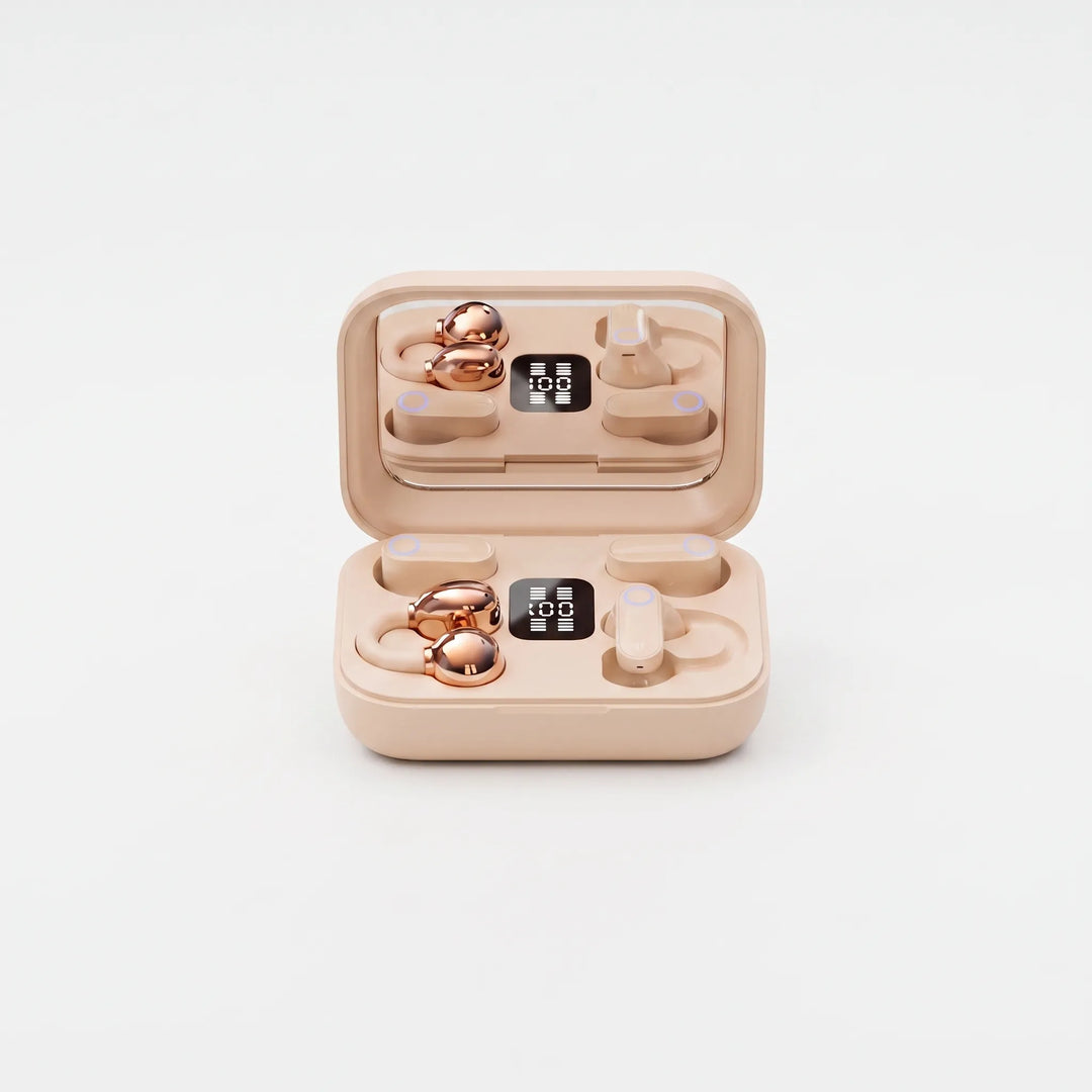 Beige two-in-one wireless earphones charging case with digital battery display and open-ear clips