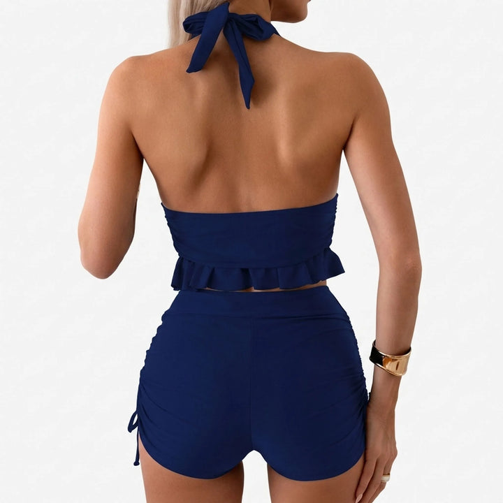 Womens ruched halter two-piece swim set showcasing back strap details