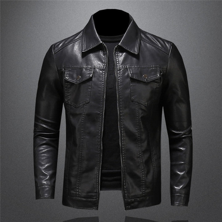 Front view of men's black jacket with lapel and dual chest pockets